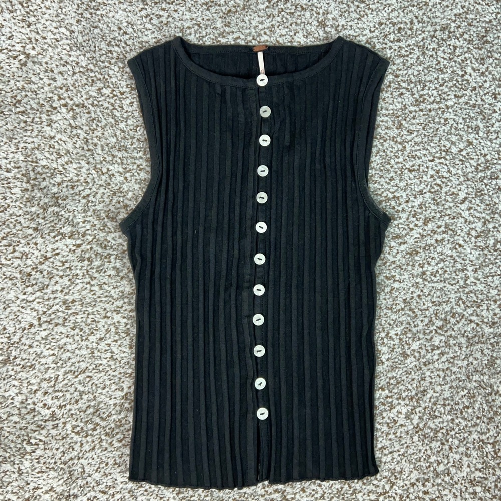 Free People Top Womens Extra Small Black Casual Ribbed Button Front Tank Shirt